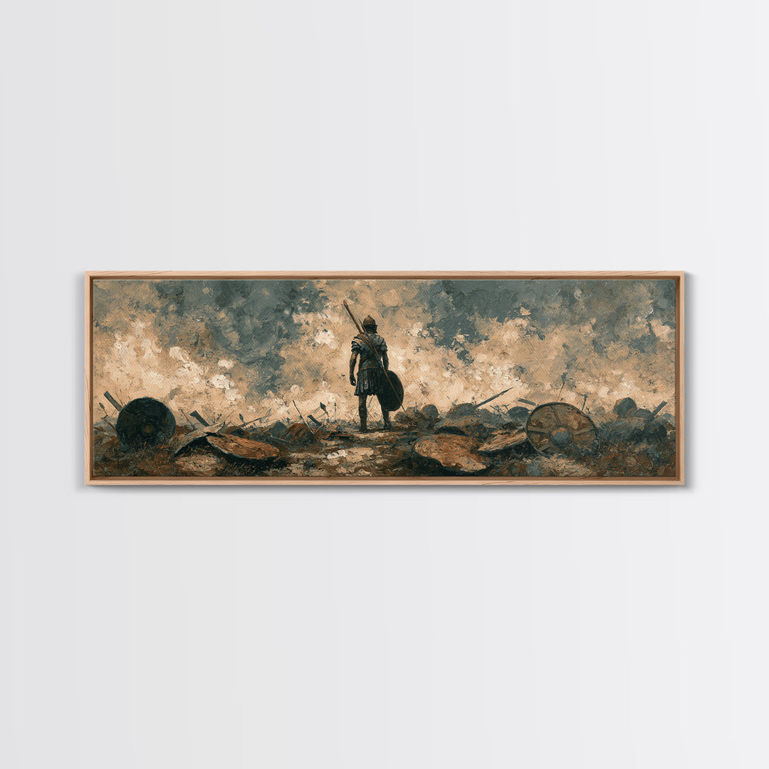 Solitary Warrior On Stormy Battlefield Canvas Print, Historical Wall Art, Moody Office Decor, Dark Academia Gift For Him
