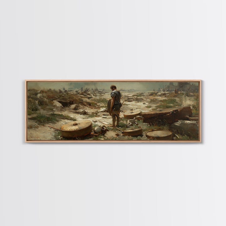 Lone Ancient Warrior Among Shields Wall Art, Roman Battlefield Canvas Print, Historical Decor, Classical Fine Art Prints