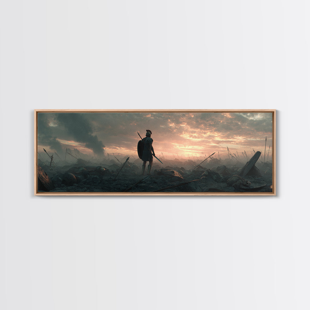 Lone Warrior On Smoky Battlefield Wall Art, Dark Fantasy Canvas, Epic Medieval Landscape, Dramatic Living Room Decor, Above Sofa Decor
