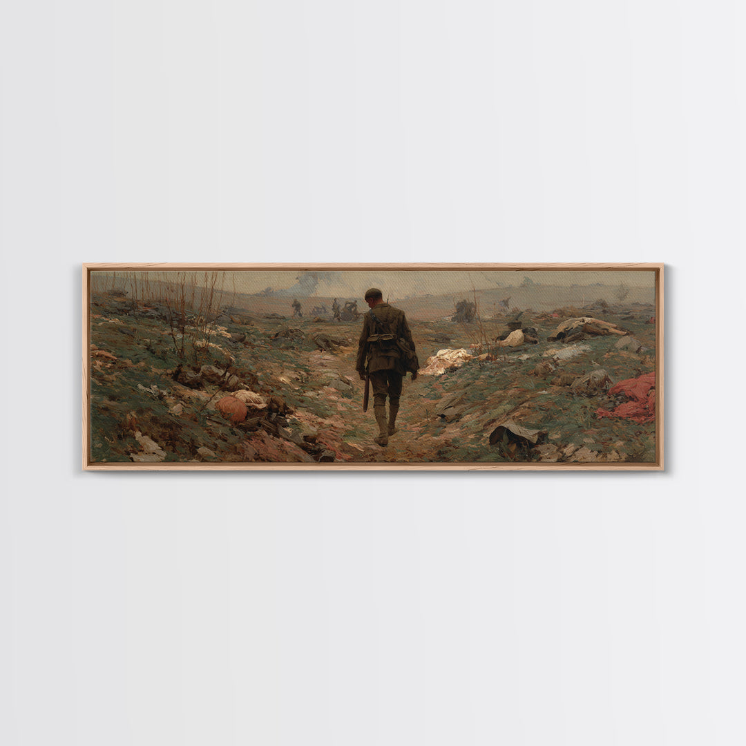 Somber Lone Soldier Battlefield Wall Art, Panoramic Framed Canvas Print, Historical Landscape Decor, Moody Office Wall Art