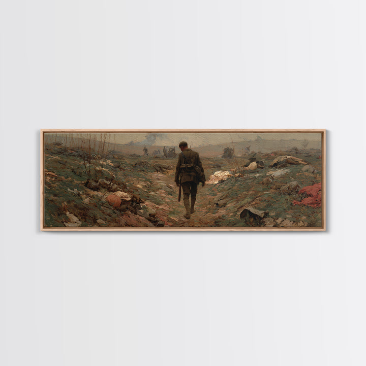Somber Lone Soldier Battlefield Wall Art, Panoramic Framed Canvas Print, Historical Landscape Decor, Moody Office Wall Art