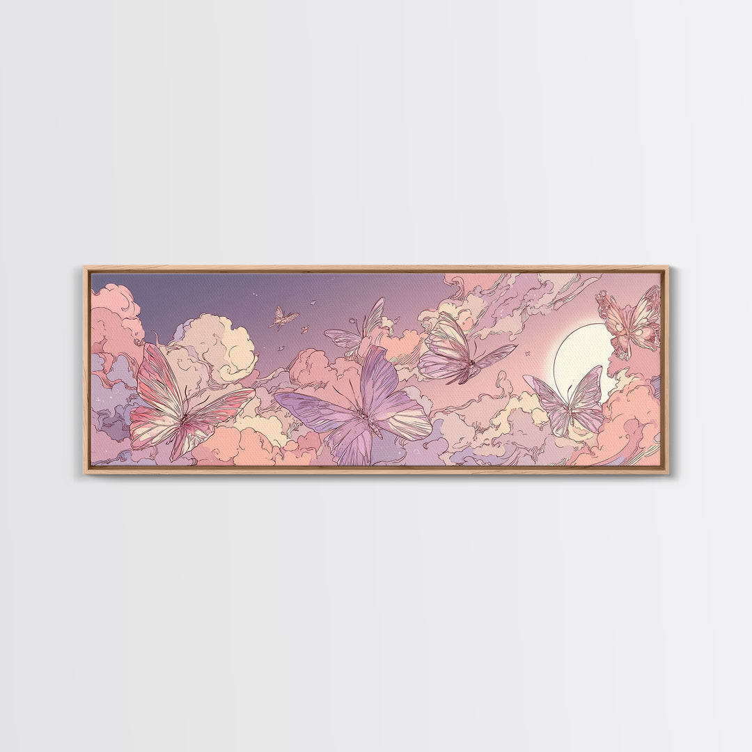 Pink Butterfly Cloudscape Wall Art, Whimsical Celestial Canvas Print, Pastel Nursery Decor, Magical Girls Room Artwork Gift