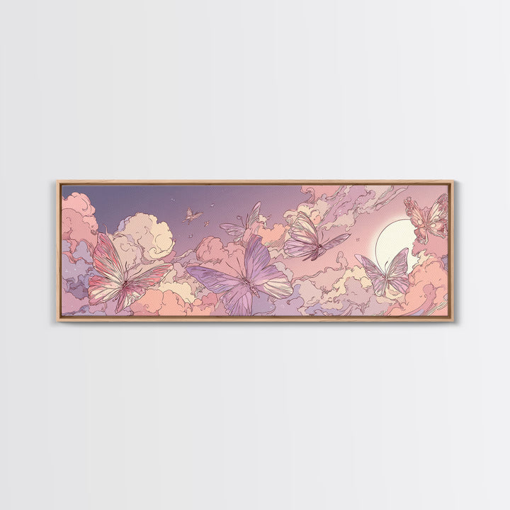 Pink Butterfly Cloudscape Wall Art, Whimsical Celestial Canvas Print, Pastel Nursery Decor, Magical Girls Room Artwork Gift