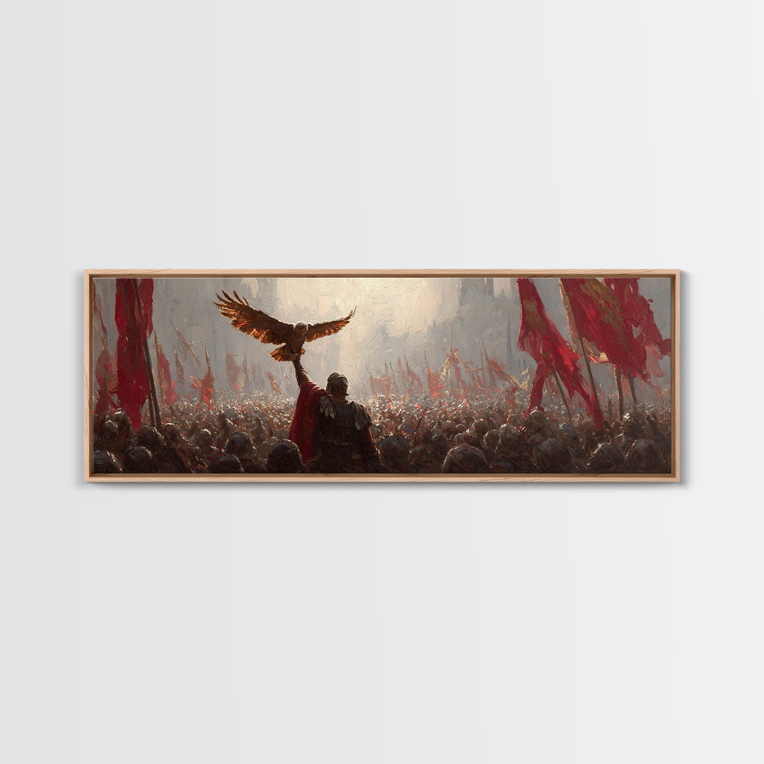 Warrior Raising Eagle Above Red Banners Framed Canvas Print, Epic Battlefield Wall Art, Historical Army Decor Gift For Him