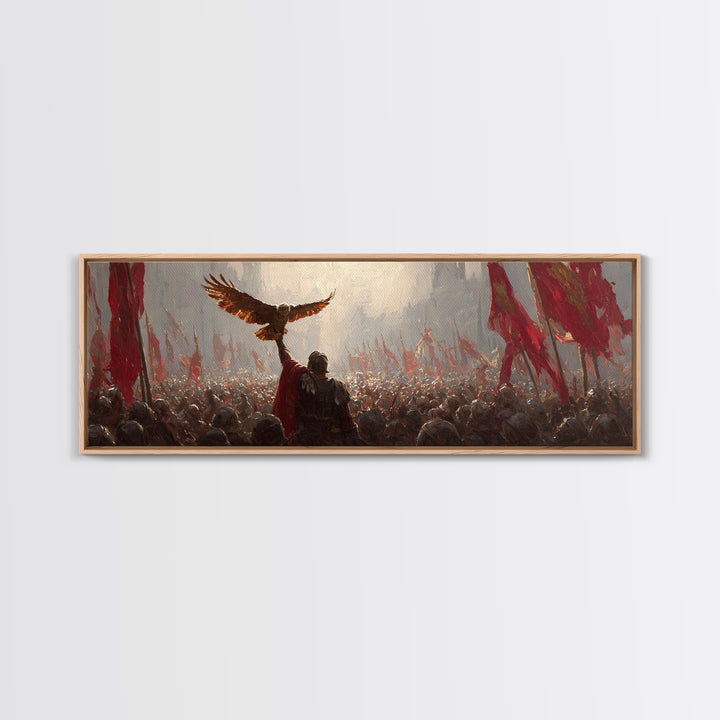 Warrior Raising Eagle Above Red Banners Framed Canvas Print, Epic Battlefield Wall Art, Historical Army Decor Gift For Him