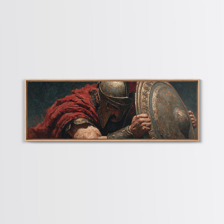 Spartan Warrior With Shield Wall Art, Greek Battle Canvas Print, Dark Masculine Historical Decor For Office And Living Room