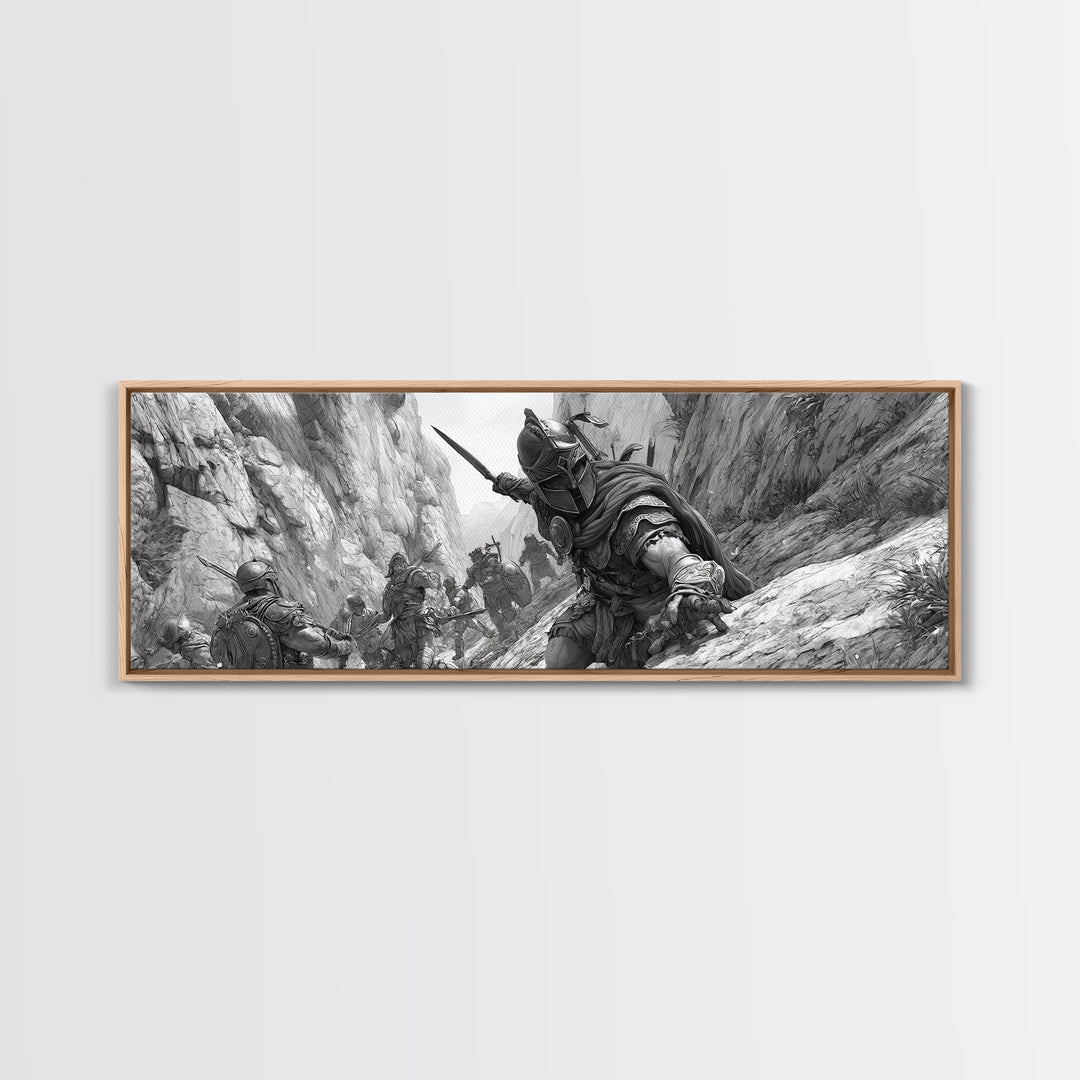 Black And White Canyon Ambush Wall Art, Medieval Warrior Canvas Print, Historic Battle Illustration, Masculine Decor, Office Wall Art