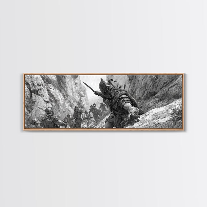 Black And White Canyon Ambush Wall Art, Medieval Warrior Canvas Print, Historic Battle Illustration, Masculine Decor, Office Wall Art