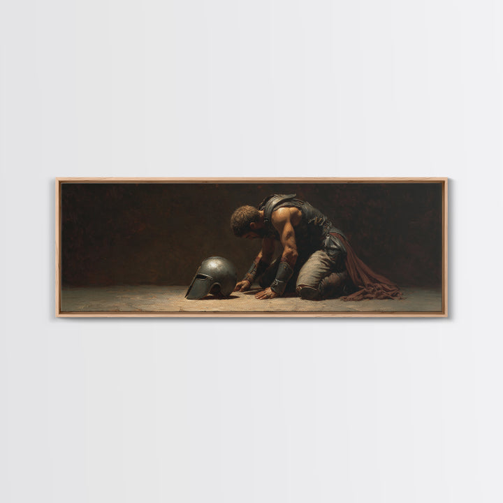 Kneeling Gladiator With Helmet Framed Canvas Print, Dark Academia Wall Art, Classical Warrior Decor, Gift For Him, Office Decor