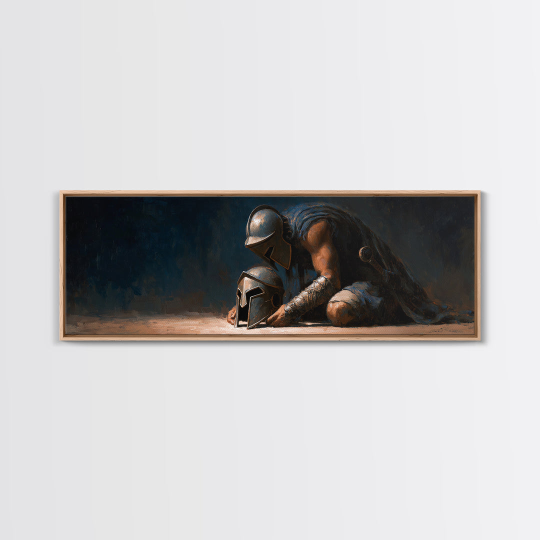 Kneeling Ancient Warrior With Battle Helmets Framed Canvas Print, Dark Fantasy Wall Art For Man Cave Office Decor, Gift For Him