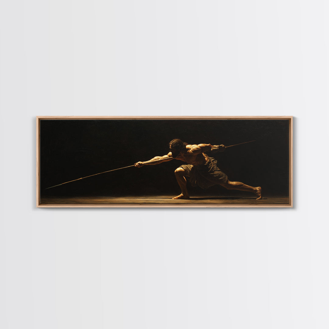 Spear Warrior In Dramatic Shadow Framed Canvas Print, Ancient Fighter Wall Art, Black And Gold Decor, Masculine Office Gift