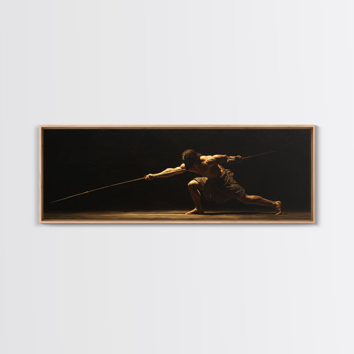 Spear Warrior In Dramatic Shadow Framed Canvas Print, Ancient Fighter Wall Art, Black And Gold Decor, Masculine Office Gift