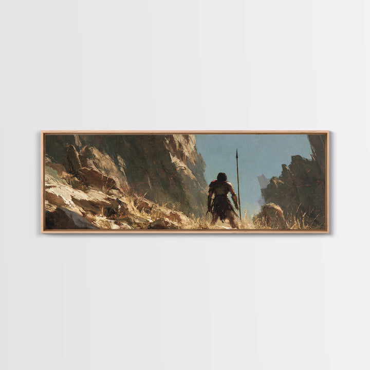 Warrior Crossing Rocky Canyon Wall Art, Ancient Fantasy Landscape Canvas Print, Desert Adventure Decor, Masculine Gift For Him