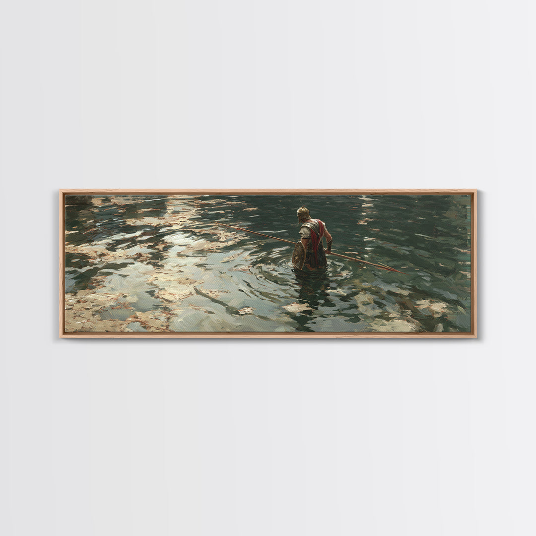 Armored Warrior Wading Through Reflective Water Wall Art, Ancient Spear Soldier, Moody Seascape Decor, Canvas Print Gift