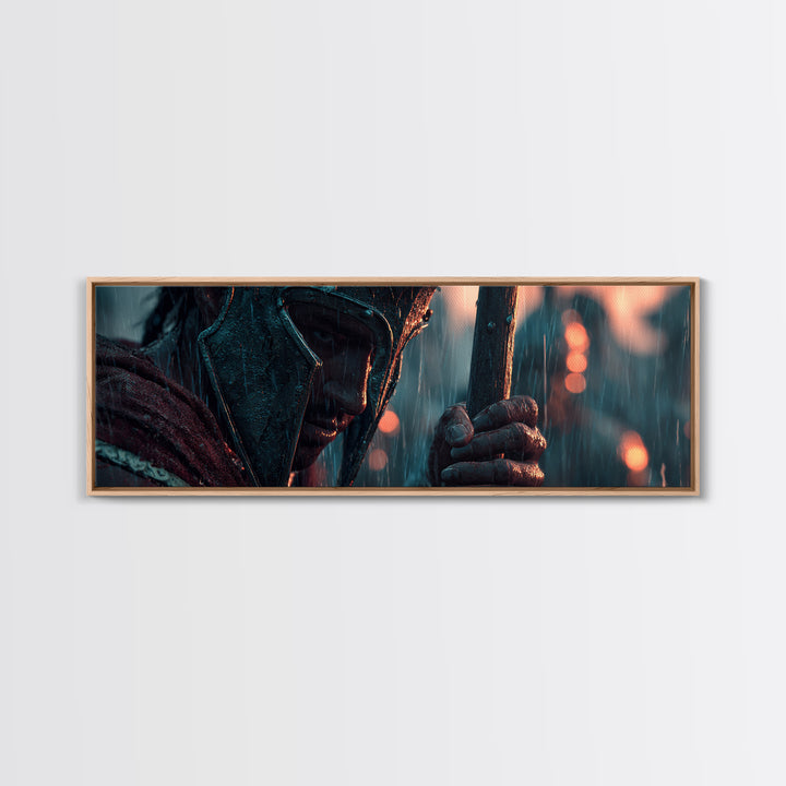 Rain Soaked Armored Warrior Portrait Wall Art, Cinematic Fantasy Canvas Print, Dark Battle Decor, Masculine Office Poster