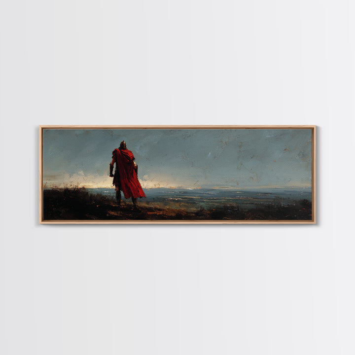 Lone Warrior In Red Cloak Wall Art, Epic Fantasy Landscape Canvas Print, Moody Medieval Decor, Statement Artwork, Gift For Him