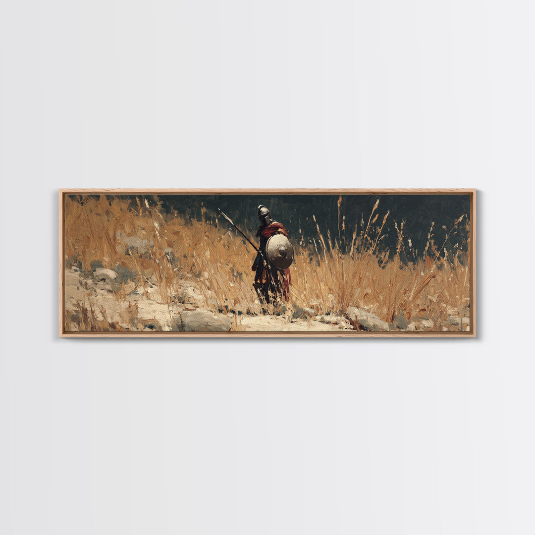 Lone Ancient Warrior In Golden Grass Framed Canvas Print, Historical Wall Art, Rustic Home Decor, Masculine Office Decor