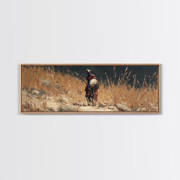 Lone Ancient Warrior In Golden Grass Framed Canvas Print, Historical Wall Art, Rustic Home Decor, Masculine Office Decor