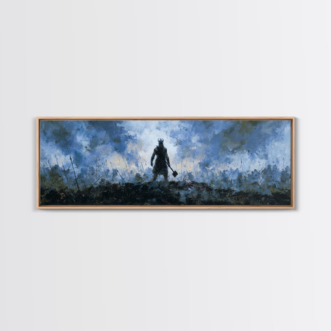 Dark Viking With Hammer Wall Art, Stormy Norse Warrior Canvas Print, Moody Fantasy Decor, Masculine Office Artwork Gift For Him