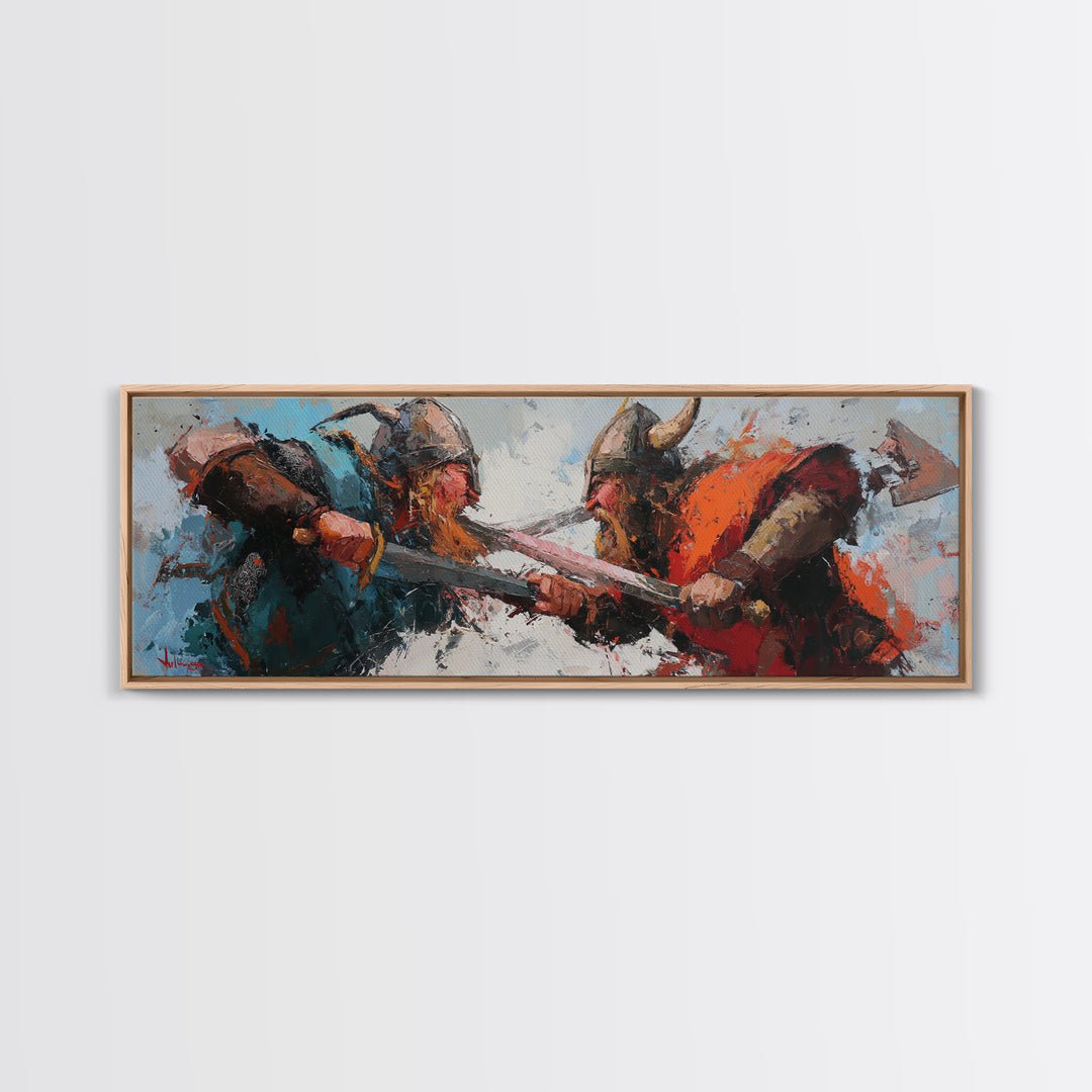 Viking Warriors Clashing With Axes Canvas Print, Norse Wall Art, Dark Fantasy Decor, Medieval Battle Artwork For Him, Man Cave Decor