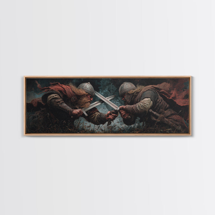 Viking Duel With Crossed Swords Framed Canvas Print, Dark Fantasy Wall Art, Medieval Warrior Decor, Man Cave Art, Gift For Him