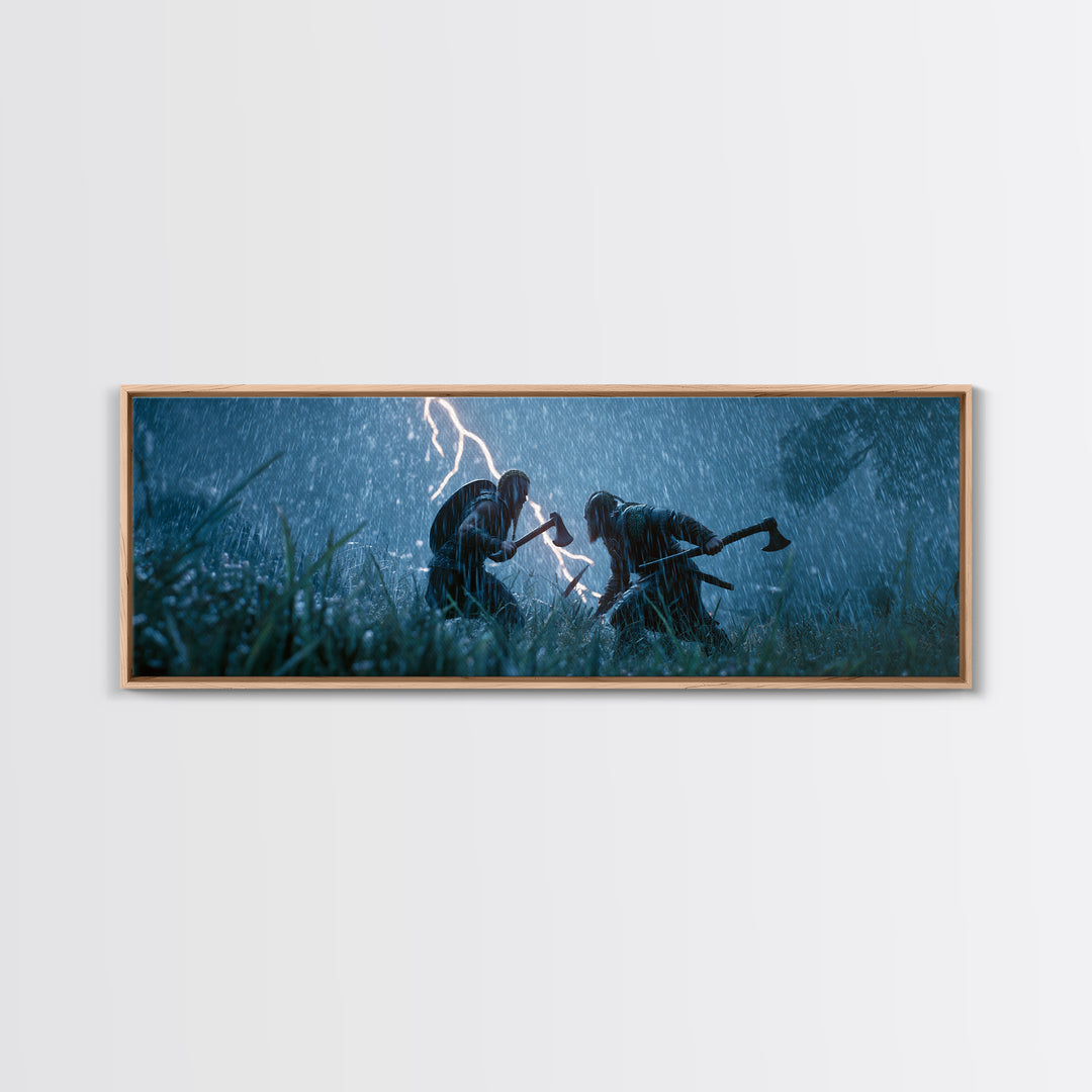 Viking Warriors In Lightning Rain Canvas Print, Dark Medieval Battle Wall Art, Stormy Fantasy Decor, Dramatic Game Room Decor