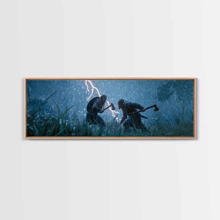 Viking Warriors In Lightning Rain Canvas Print, Dark Medieval Battle Wall Art, Stormy Fantasy Decor, Dramatic Game Room Decor