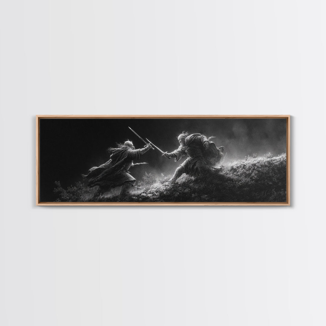 Black And White Warrior Duel Wall Art, Dark Fantasy Battle Print, Cinematic Viking Decor, Masculine Office, Gift For Him