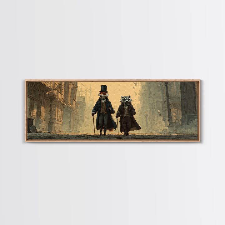 Dapper Fox And Raccoon Stroll Wall Art, Whimsical Animal Portrait, Victorian Street Fantasy Decor For Kids Room Canvas Print