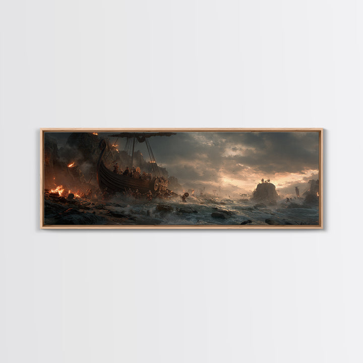 Viking Longship Landing On Stormy Shore Wall Art, Norse Battle Seascape, Dark Fantasy Decor, Dramatic Nautical Canvas Print