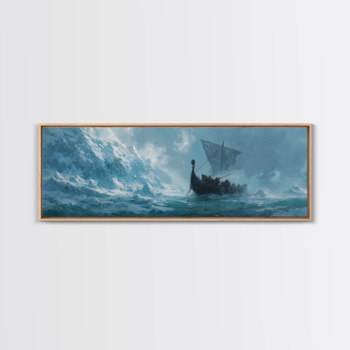 Viking Longship On Stormy Sea Wall Art, Nordic Ocean Seascape Painting, Nautical Living Room Decor, Adventure Gift For Him