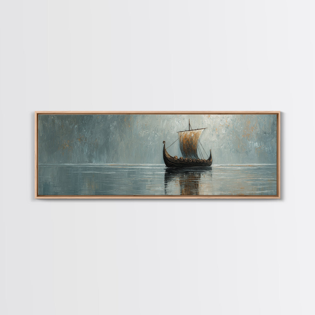 Viking Longship Sailing Through Misty Waters Canvas Print, Nautical Wall Art, Nordic Decor, Lake House Coastal Artwork Gift