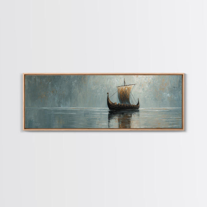Viking Longship Sailing Through Misty Waters Canvas Print, Nautical Wall Art, Nordic Decor, Lake House Coastal Artwork Gift