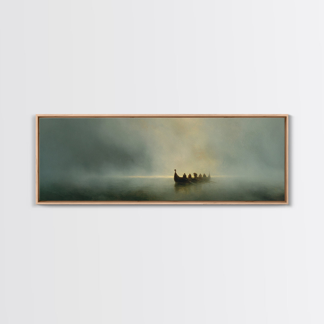 Misty Boat On Silent Lake Framed Canvas Print, Moody Seascape Wall Art, Serene Landscape Decor, Peaceful Home Gift Print