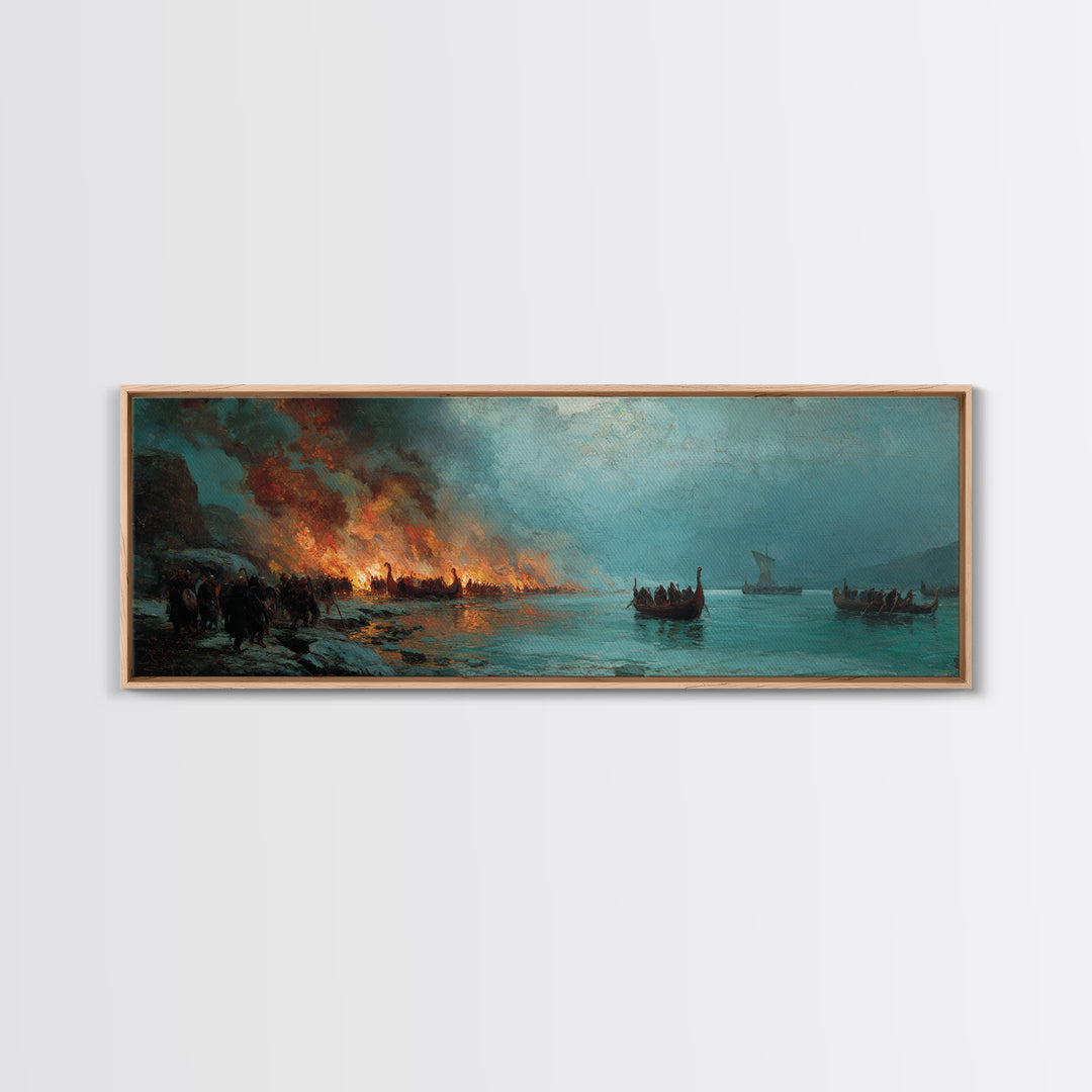 Viking Longboats By Burning Shore Framed Canvas Print, Nordic Seascape, Historical Wall Art, Moody Nautical Decor, Large Horizontal Art