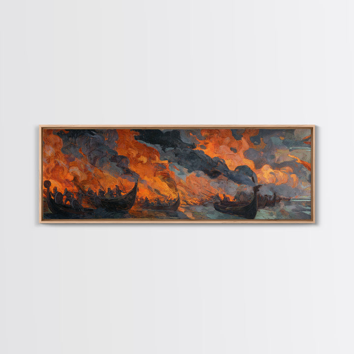 Burning Viking Longships Framed Canvas Print, Fiery Battle Seascape Wall Art, Norse Saga Decor, Dark Coastal Artwork For Men