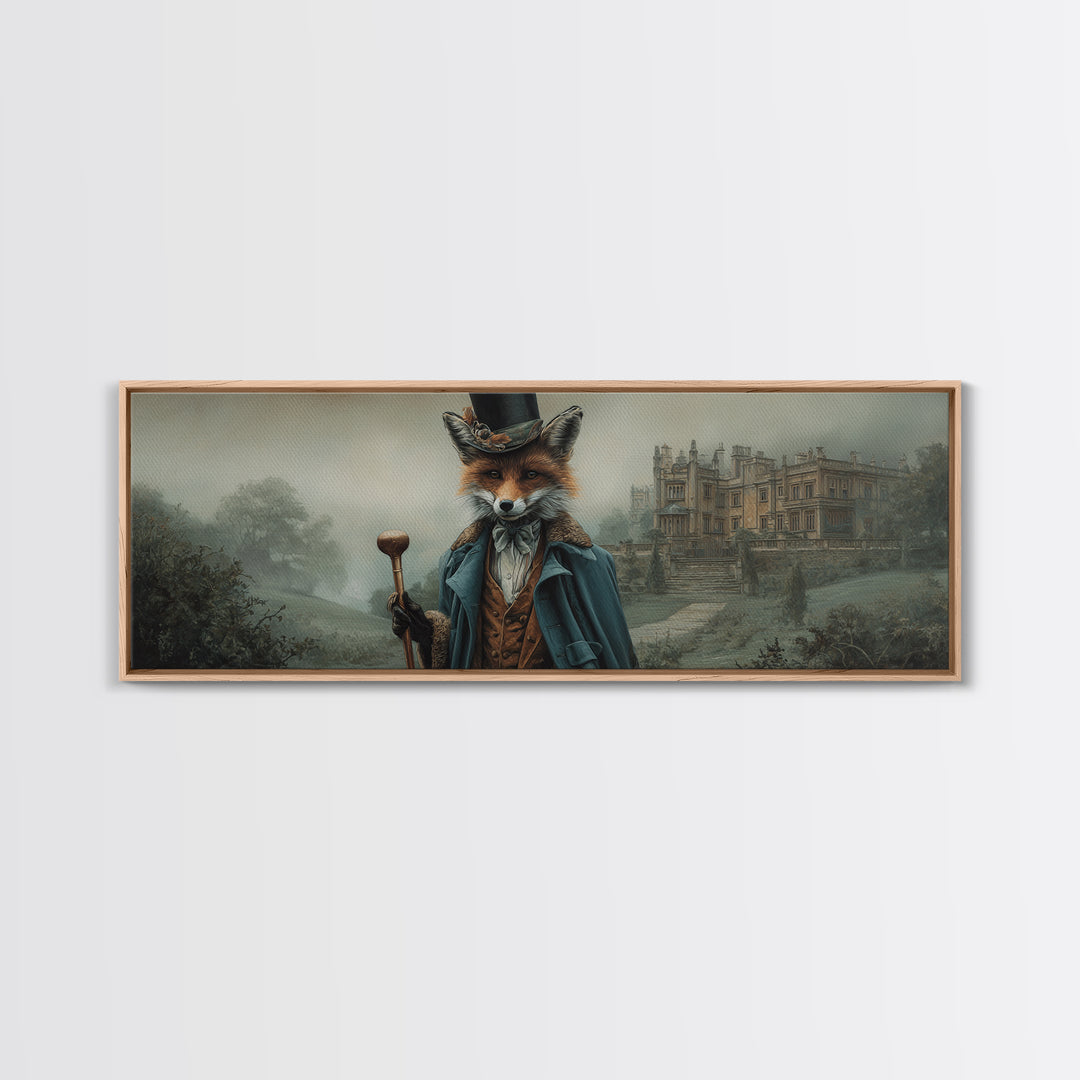 Victorian Fox Gentleman At Misty Manor Framed Canvas Print, Whimsical Animal Portrait, Dark Academia Country House Wall Art