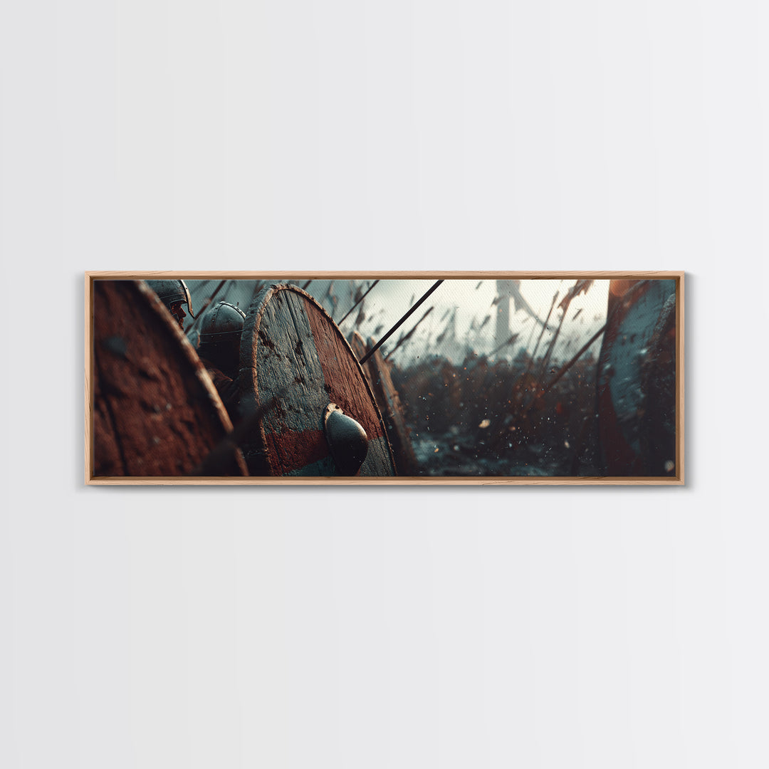 Shield Wall In Snowy Battle Wall Art, Viking Warfare Canvas Print, Spear And Round Shield Decor, Medieval Game Room Decor