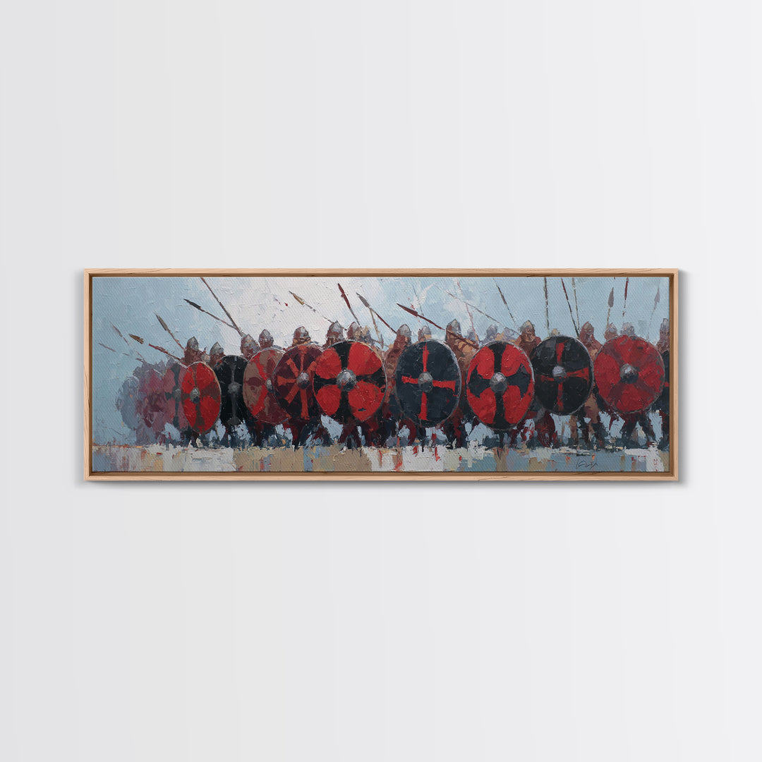 Red Shield Viking Army Framed Canvas Print, Norse Battle Wall Art, Medieval Warrior Decor, Large Horizontal Artwork For Him