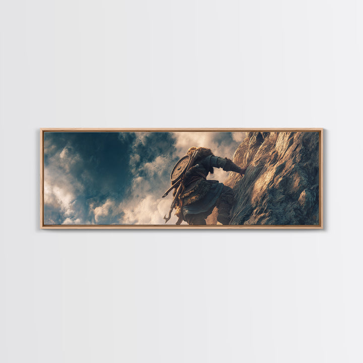 Viking Climber Scaling Sheer Cliff Wall Art, Adventure Fantasy Canvas Print, Nordic Landscape Decor, Gift For Him, Office Poster