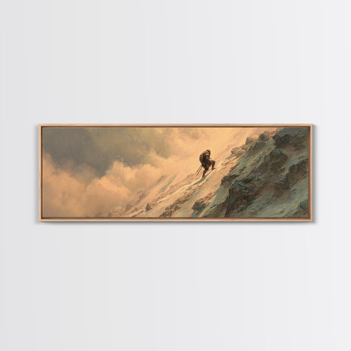 Lone Mountaineer On Snowy Cliff Wall Art, Epic Fantasy Landscape Canvas, Mountain Adventure Decor For Office And Man Cave