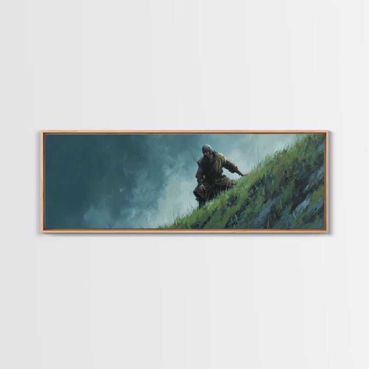 Warrior Climbing Windy Green Cliff Framed Canvas Print, Adventure Fantasy Wall Art, Moody Nature Decor For Office And Bedroom