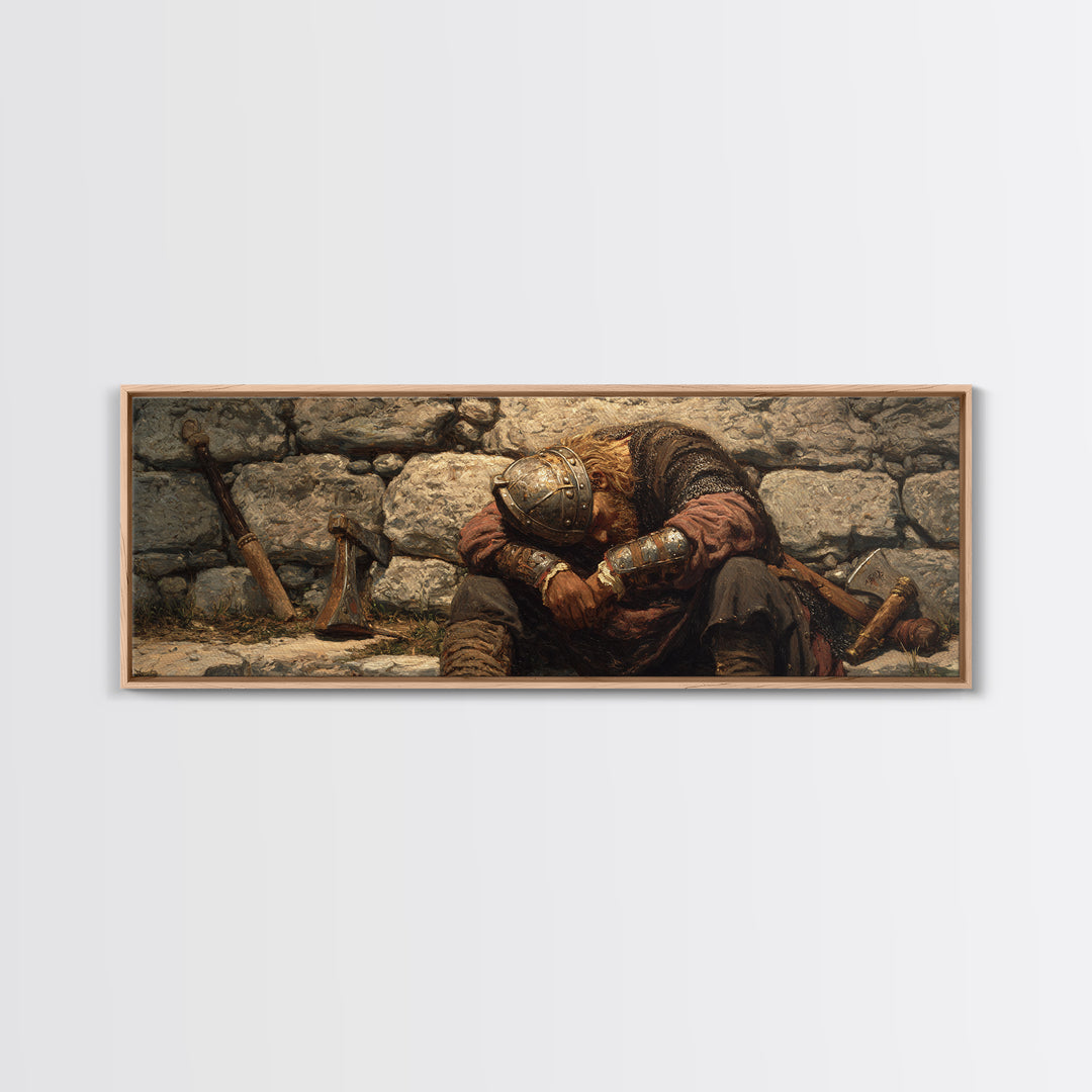 Weary Viking Resting By Stone Wall Framed Canvas Print, Norse Warrior Art, Rustic Medieval Decor, Dark Academia Gift Print