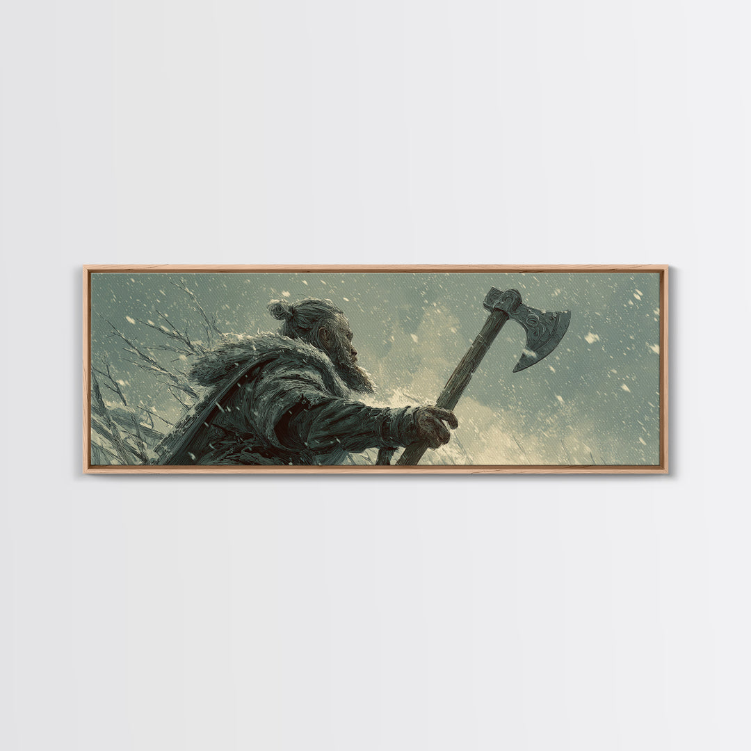 Snowy Viking Warrior With Battle Axe Wall Art, Dark Fantasy Winter Canvas Print, Nordic Masculine Office And Cabin Decor