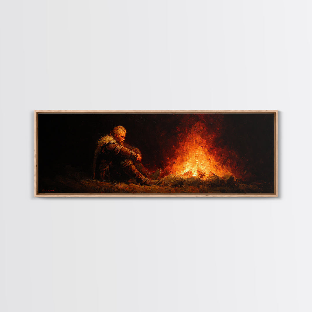 Lonely Traveler Campfire Canvas Print, Dark Fantasy Wall Art, Moody Wilderness Decor, Survival Poster, Rustic Cabin Gift