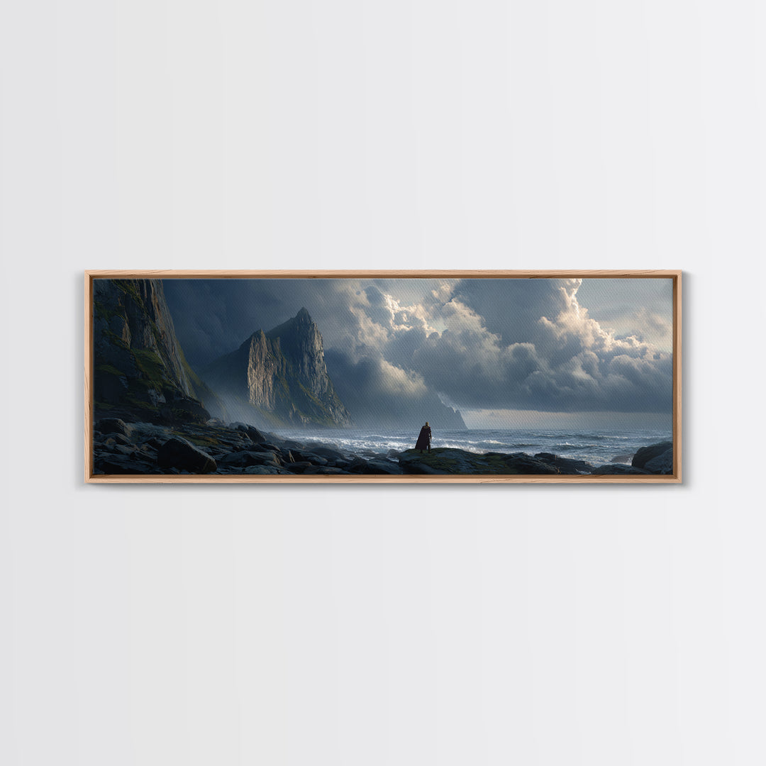 Cloaked Figure On Stormy Cliff Wall Art, Epic Coastal Fantasy Canvas Print, Moody Seascape, Dramatic Landscape Decor, Living Room Art