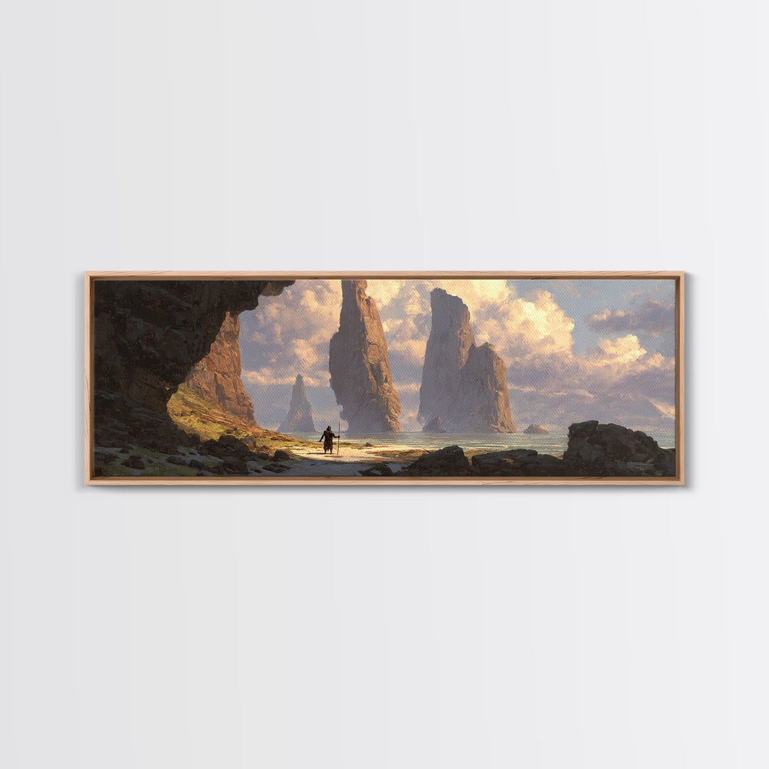 Epic Sea Cliffs With Lone Traveler Canvas Print, Fantasy Landscape Wall Art, Panoramic Coastal Decor, Adventure Art, Home Decor