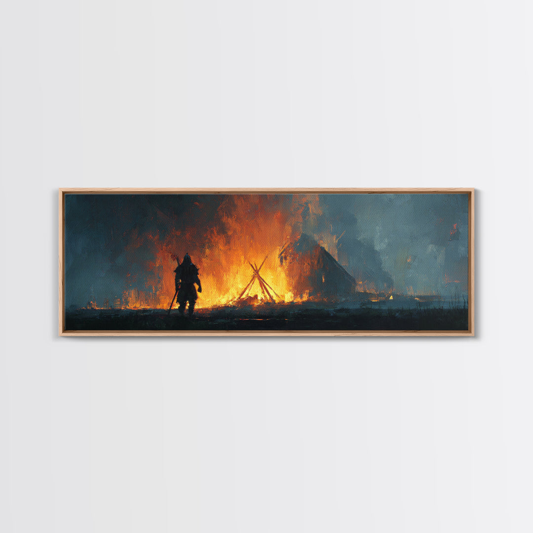 Warrior Before Blazing Village Fire Canvas Print, Dark Fantasy Wall Art, Medieval Battle Decor, Moody Rustic Home Decor Print