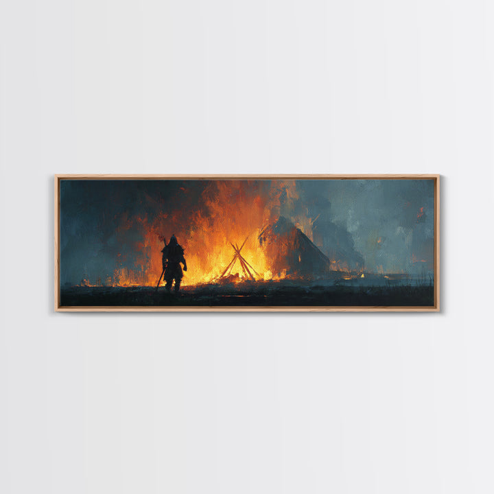 Warrior Before Blazing Village Fire Canvas Print, Dark Fantasy Wall Art, Medieval Battle Decor, Moody Rustic Home Decor Print