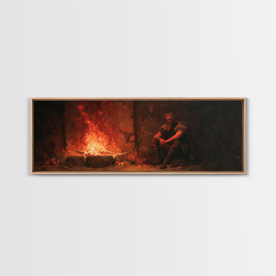 Brooding Medieval Warrior Beside Fiery Hearth Canvas Print, Moody Dark Fantasy Wall Art, Rustic Man Cave Decor Gift For Him